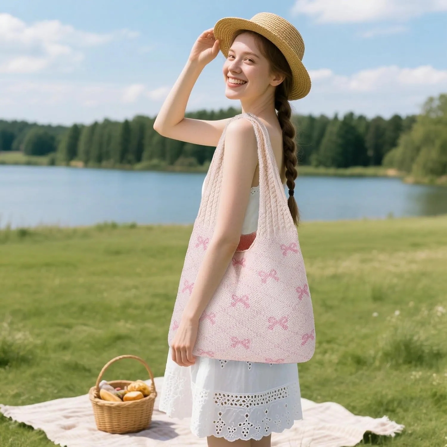 WantGor Crochet Bags, Beach Mesh Tote Bag Womens Shoulder Shopping Handbag Casual Travel Totes Bag Foldable Hobo Bags