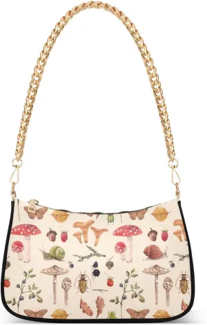 Watercolor Autumn Mushrooms Berries Shoulder Handbags for Women Travel Hobo Tote Handbag Women Gold Chain Shoulder Bags Purse with Zipper Closure