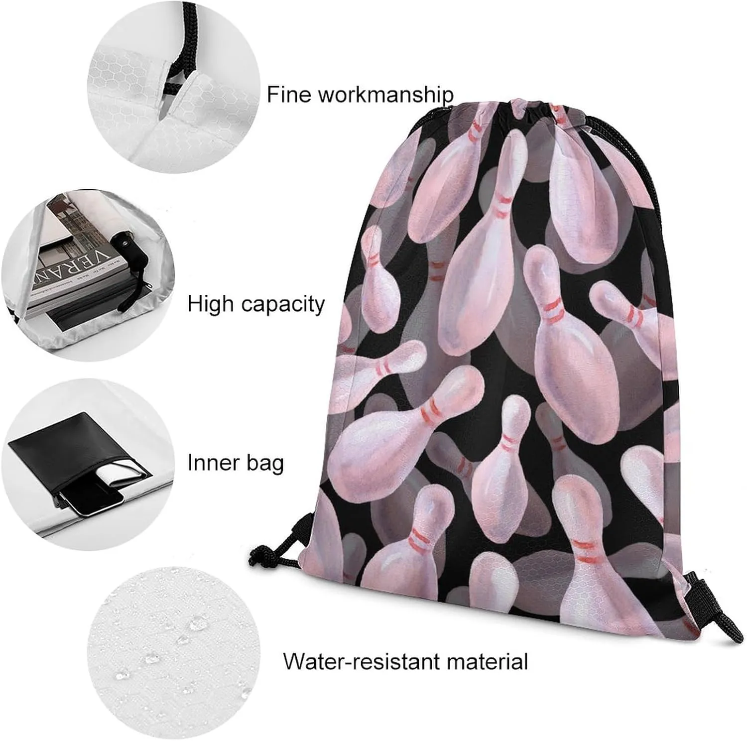 Watercolor Bowling Pins Lightweight Drawstring Backpack - Your Ideal Soccer Bag, Swim Bag And Gym Bag, 35*42cm, Style-12-3