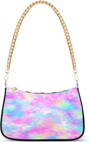 Watercolor Gradient Tie Dye Shoulder Handbags for Women Travel Hobo Tote Handbag Women Gold Chain Shoulder Bags Purse with Zipper Closure