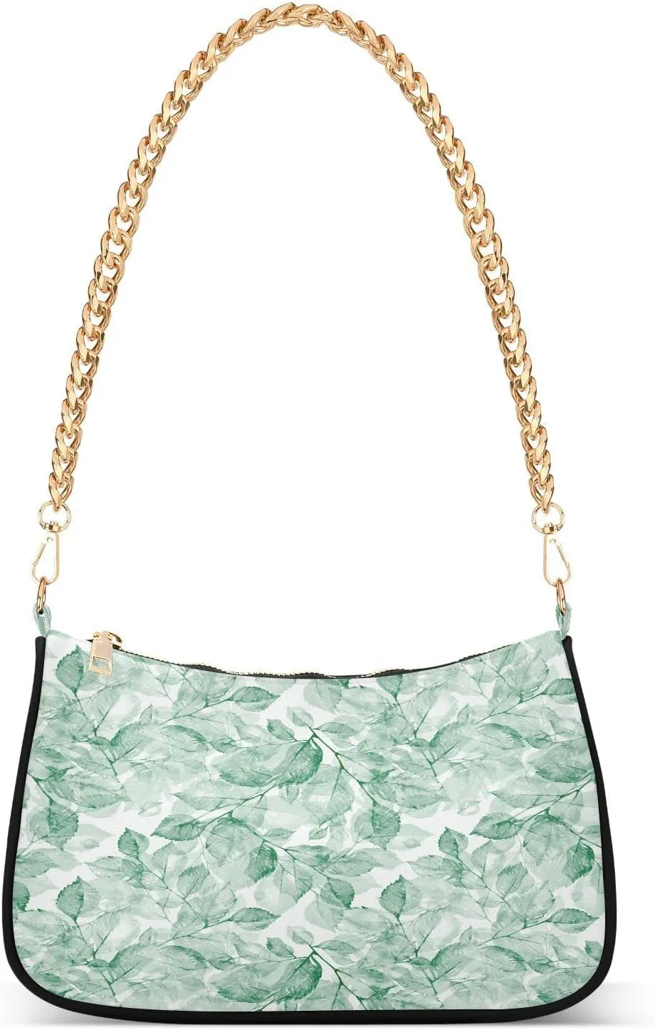 Watercolor Green Leaves Shoulder Handbags for Women Travel Hobo Tote Handbag Women Gold Chain Shoulder Bags Purse with Zipper Closure