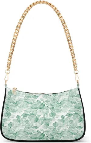 Watercolor Green Leaves Shoulder Handbags for Women Travel Hobo Tote Handbag Women Gold Chain Shoulder Bags Purse with Zipper Closure