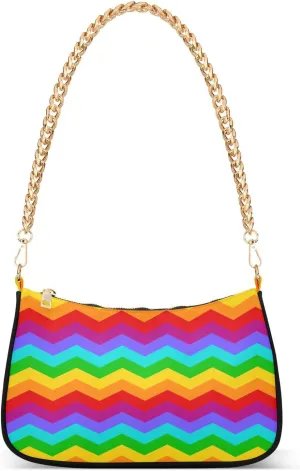 Wavy Striped Rainbow Shoulder Handbags for Women Travel Hobo Tote Handbag Women Gold Chain Shoulder Bags Purse with Zipper Closure