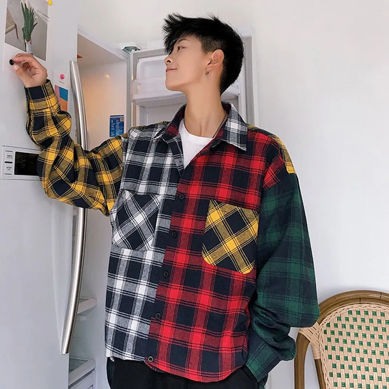 Wenkouban Men Oversized Cotton Plaid Shirt 2023 Man Hip Hop Patchwork Button Up Long Sleeve Shirt Couple Korean Harajuku Clothing