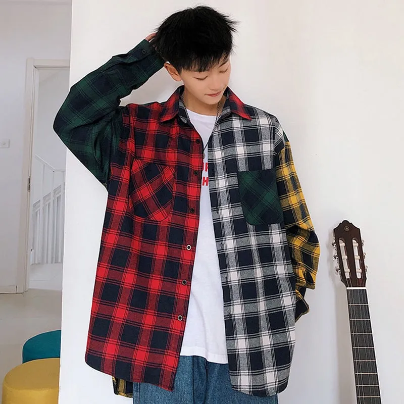 Wenkouban Men Oversized Cotton Plaid Shirt 2023 Man Hip Hop Patchwork Button Up Long Sleeve Shirt Couple Korean Harajuku Clothing
