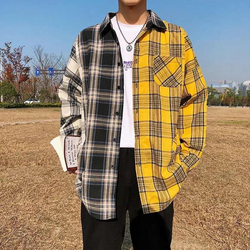 Wenkouban Men Oversized Cotton Plaid Shirt 2023 Man Hip Hop Patchwork Button Up Long Sleeve Shirt Couple Korean Harajuku Clothing
