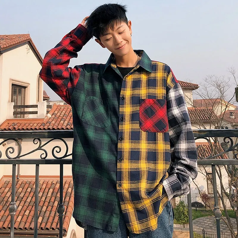 Wenkouban Men Oversized Cotton Plaid Shirt 2023 Man Hip Hop Patchwork Button Up Long Sleeve Shirt Couple Korean Harajuku Clothing