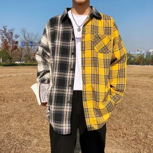 Wenkouban Men Oversized Cotton Plaid Shirt 2023 Man Hip Hop Patchwork Button Up Long Sleeve Shirt Couple Korean Harajuku Clothing