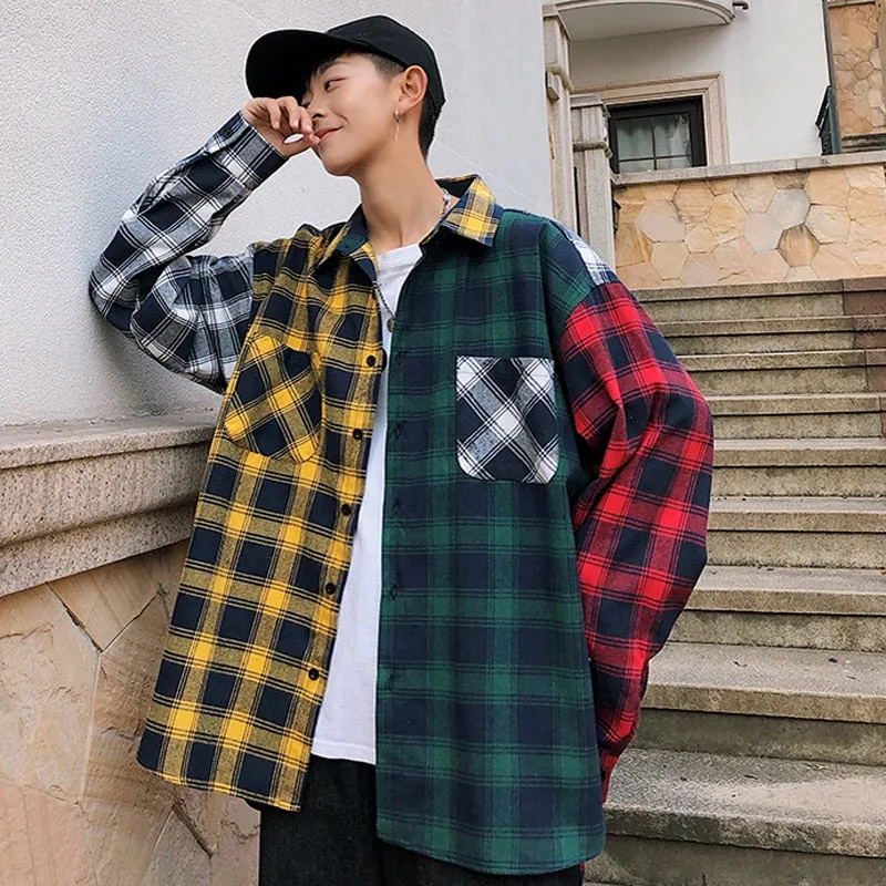 Wenkouban Men Oversized Cotton Plaid Shirt 2023 Man Hip Hop Patchwork Button Up Long Sleeve Shirt Couple Korean Harajuku Clothing