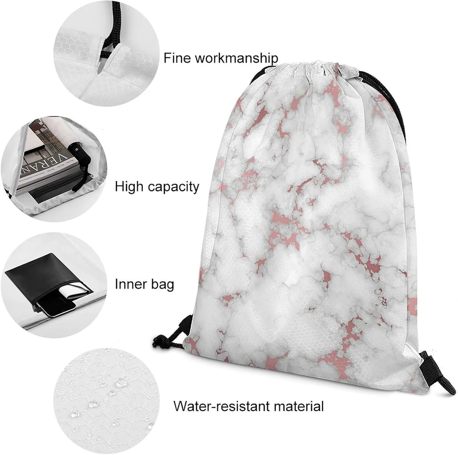 White Marble Rose Gold Lightweight Drawstring Backpack - Your Ideal Soccer Bag, Swim Bag And Gym Bag, 35*42cm, Style-9-3