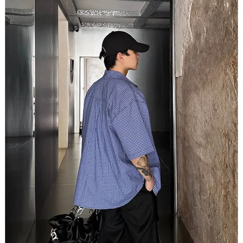 Wiaofellas  -  Leisure Plaid Men's Short-sleeved Shirt, Unisex. Blue Leisure Shirt High-quality Embroidered Shirts Oversized