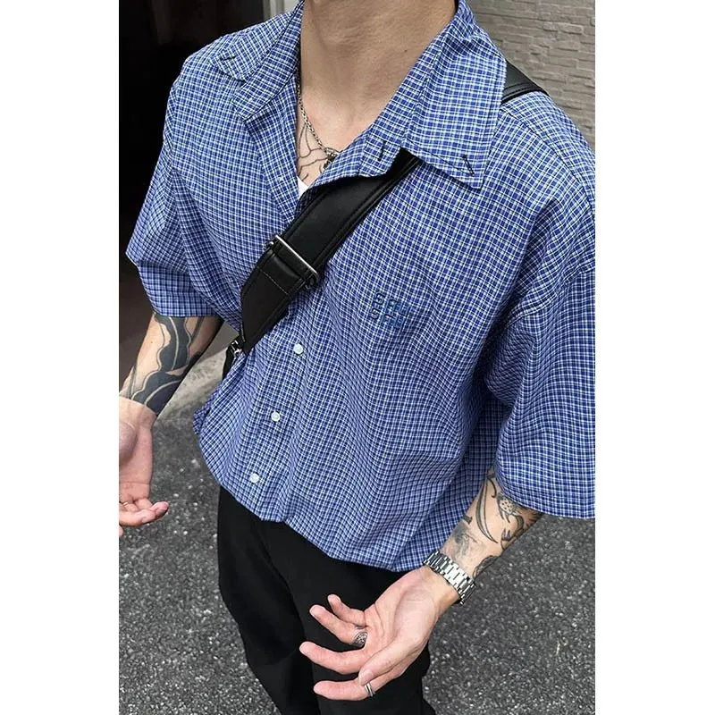 Wiaofellas  -  Leisure Plaid Men's Short-sleeved Shirt, Unisex. Blue Leisure Shirt High-quality Embroidered Shirts Oversized