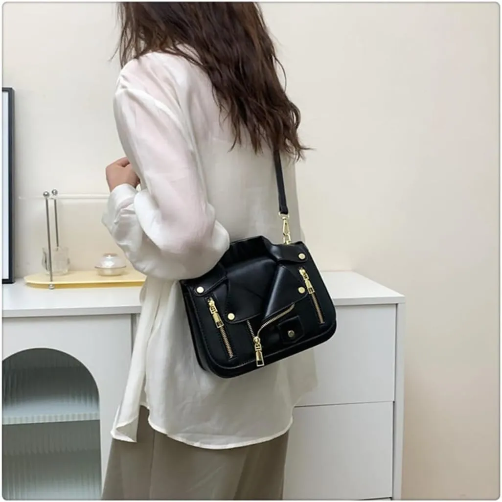Women PU Leather Motorcycle Jacket Shoulder Bag Punk Style Rivet Handbag Chain Crossbody Bag for Girls