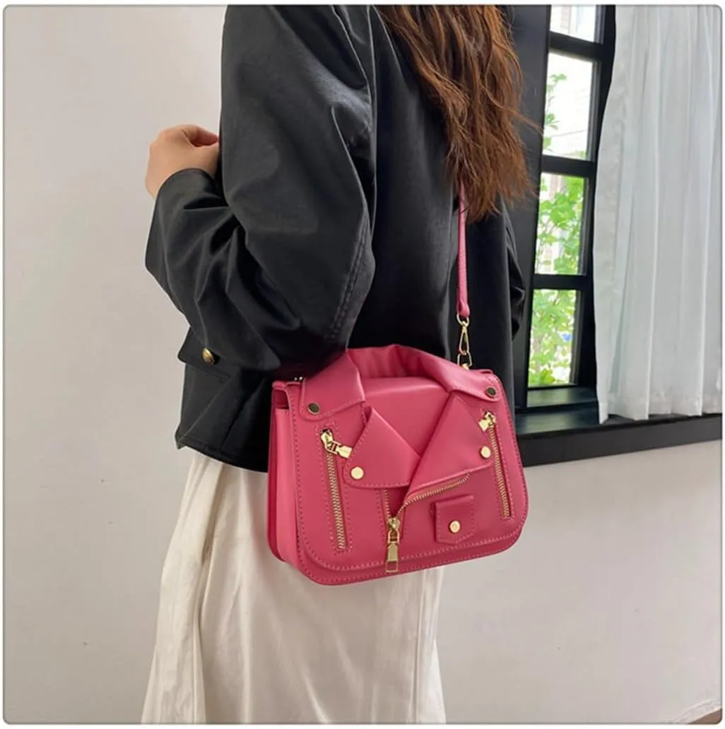 Women PU Leather Motorcycle Jacket Shoulder Bag Punk Style Rivet Handbag Chain Crossbody Bag for Girls