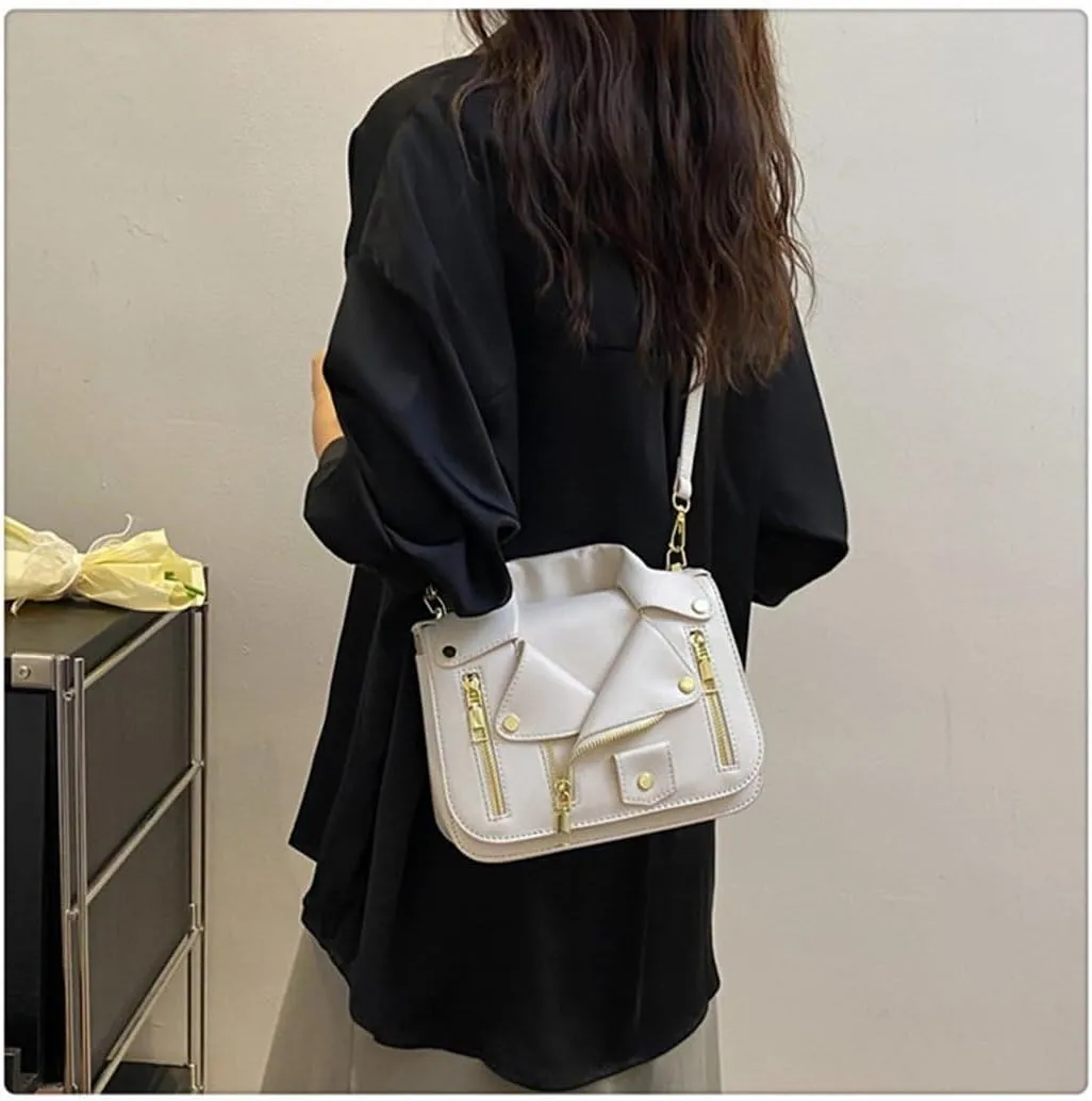 Women PU Leather Motorcycle Jacket Shoulder Bag Punk Style Rivet Handbag Chain Crossbody Bag for Girls
