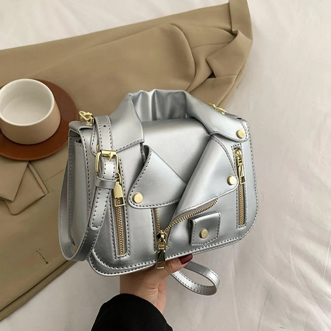 Women PU Leather Motorcycle Jacket Shoulder Bag Punk Style Rivet Handbag Chain Crossbody Bag for Girls