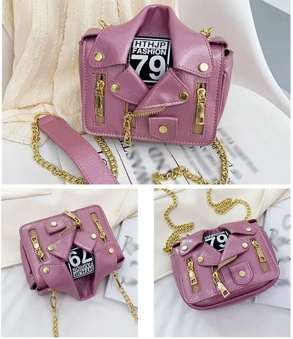 Women PU Leather Motorcycle Jacket Shoulder Bag Punk Style Rivet Handbag Chain Crossbody Bag for Girls