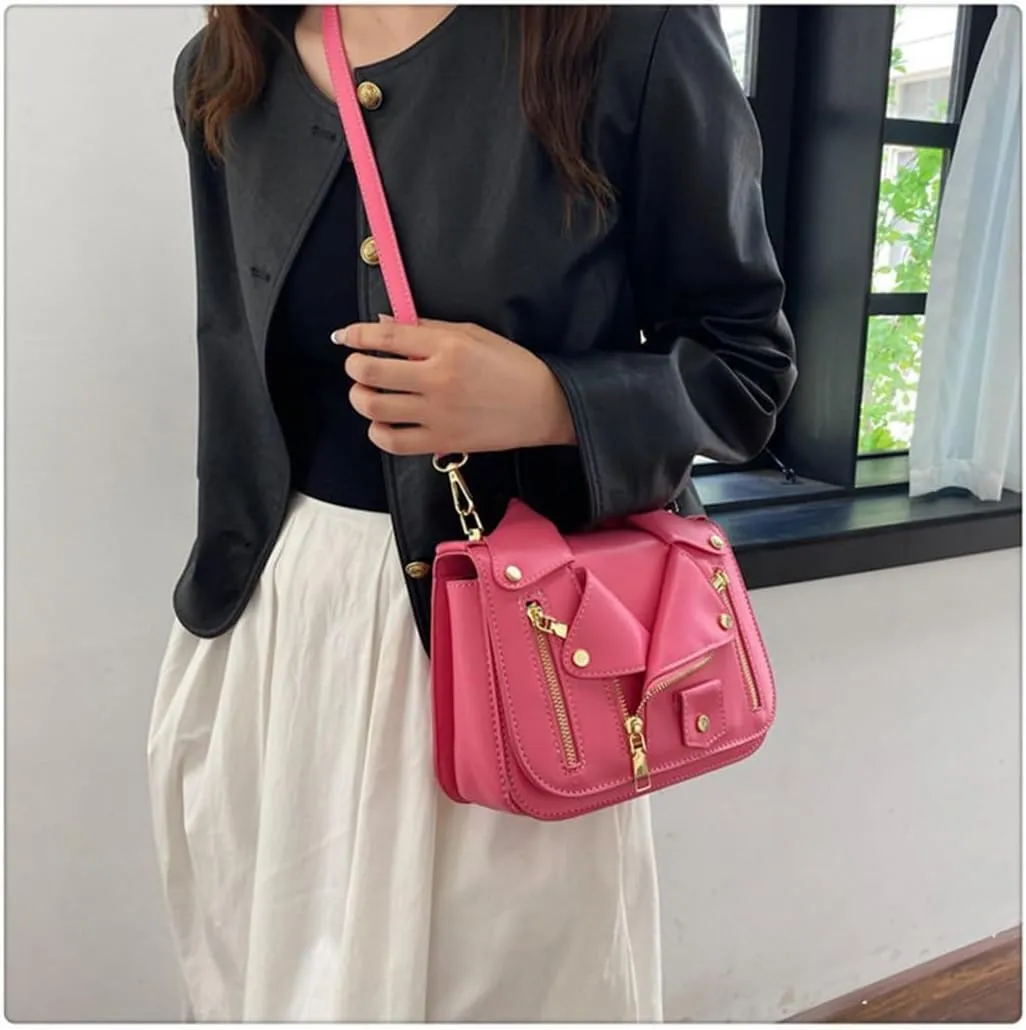 Women PU Leather Motorcycle Jacket Shoulder Bag Punk Style Rivet Handbag Chain Crossbody Bag for Girls