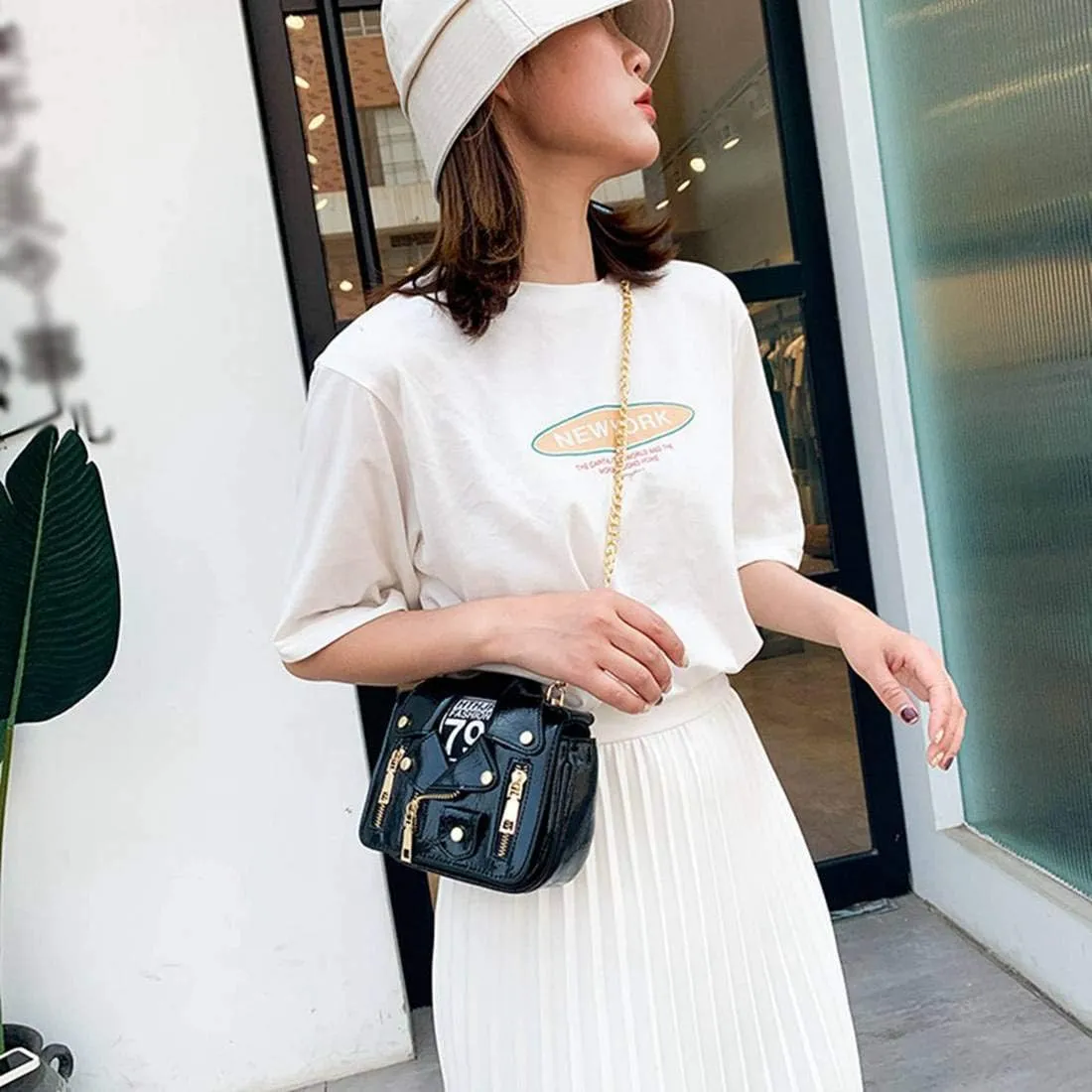 Women PU Leather Motorcycle Jacket Shoulder Bag Punk Style Rivet Handbag Chain Crossbody Bag for Girls
