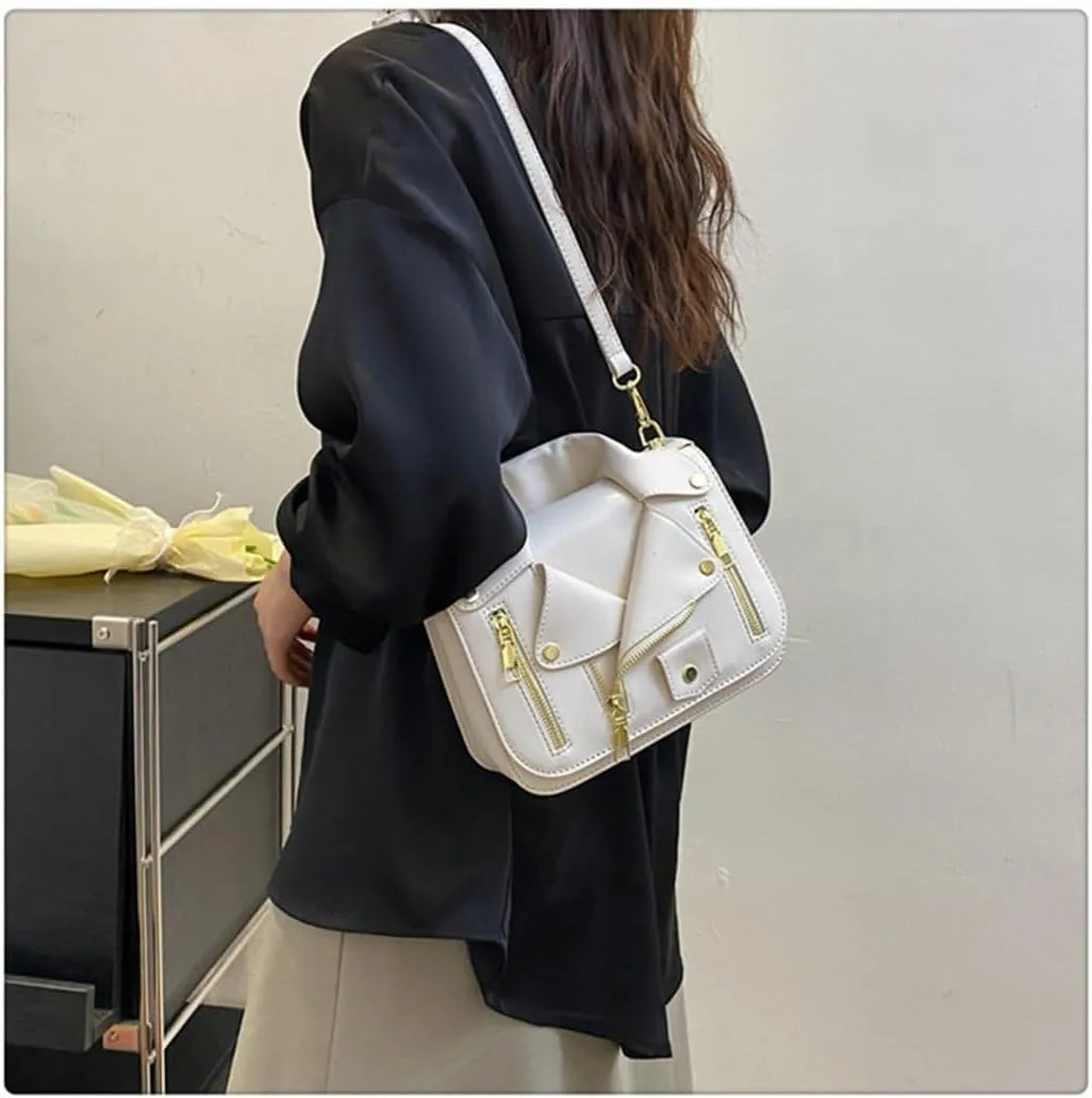 Women PU Leather Motorcycle Jacket Shoulder Bag Punk Style Rivet Handbag Chain Crossbody Bag for Girls