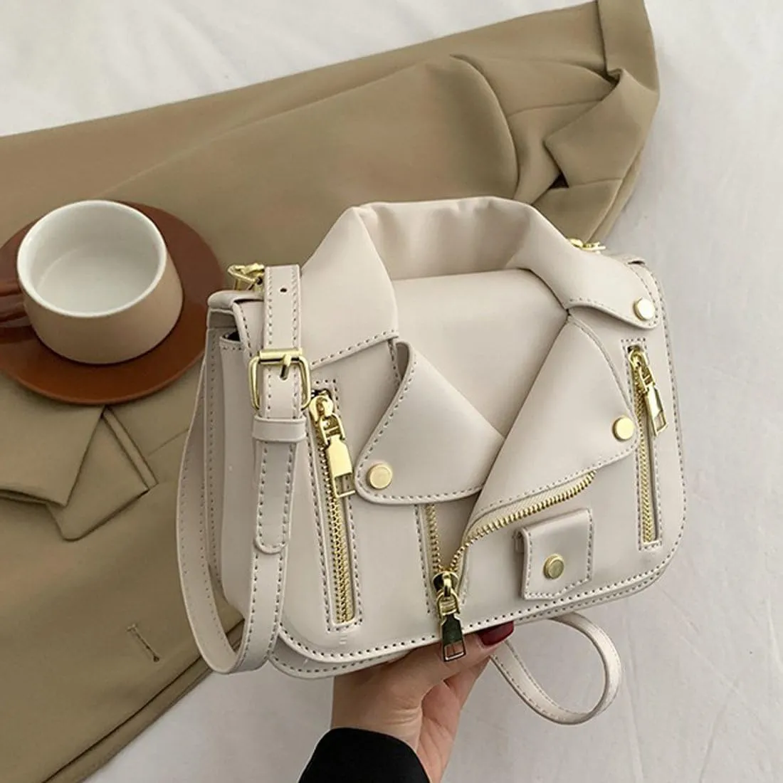 Women PU Leather Motorcycle Jacket Shoulder Bag Punk Style Rivet Handbag Chain Crossbody Bag for Girls