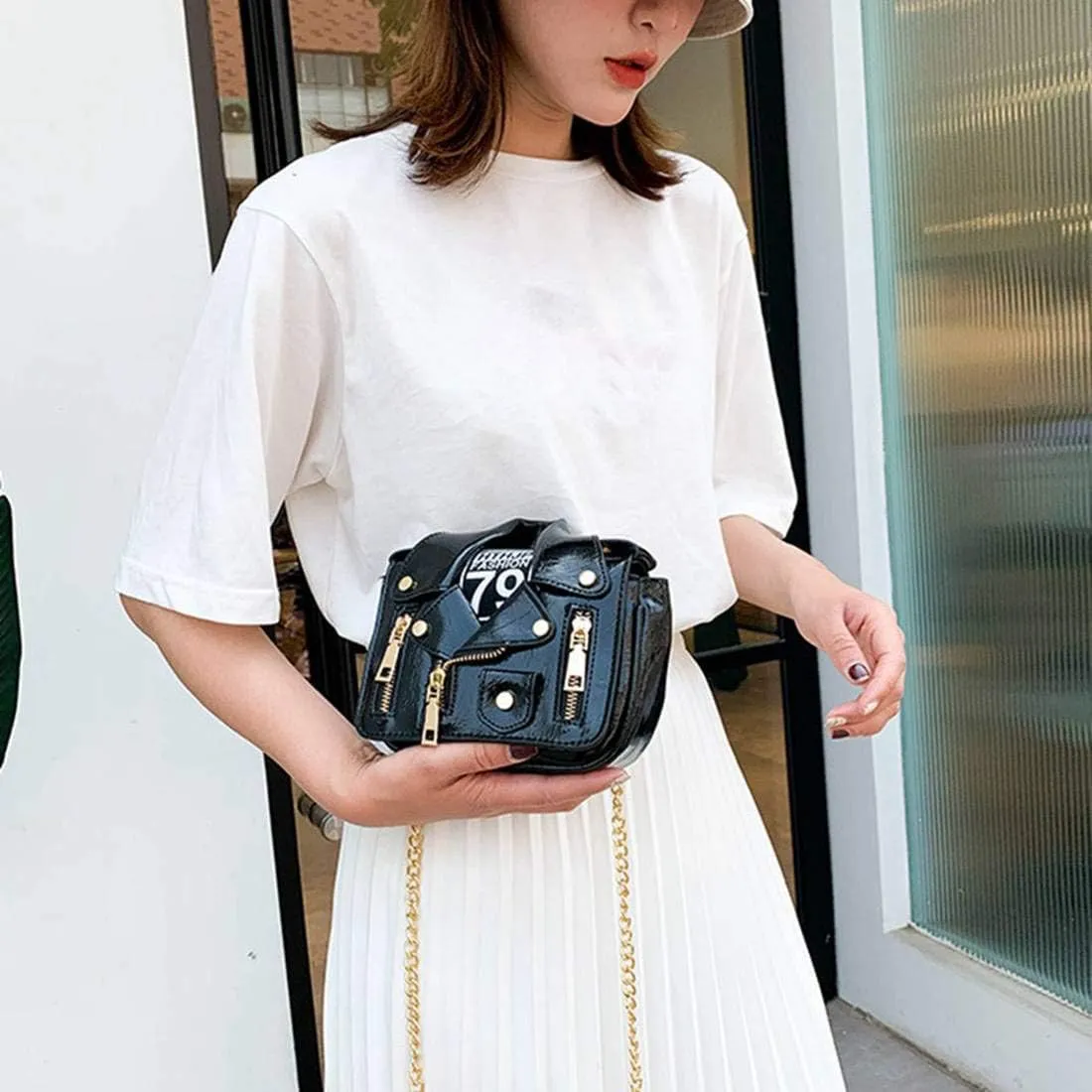Women PU Leather Motorcycle Jacket Shoulder Bag Punk Style Rivet Handbag Chain Crossbody Bag for Girls