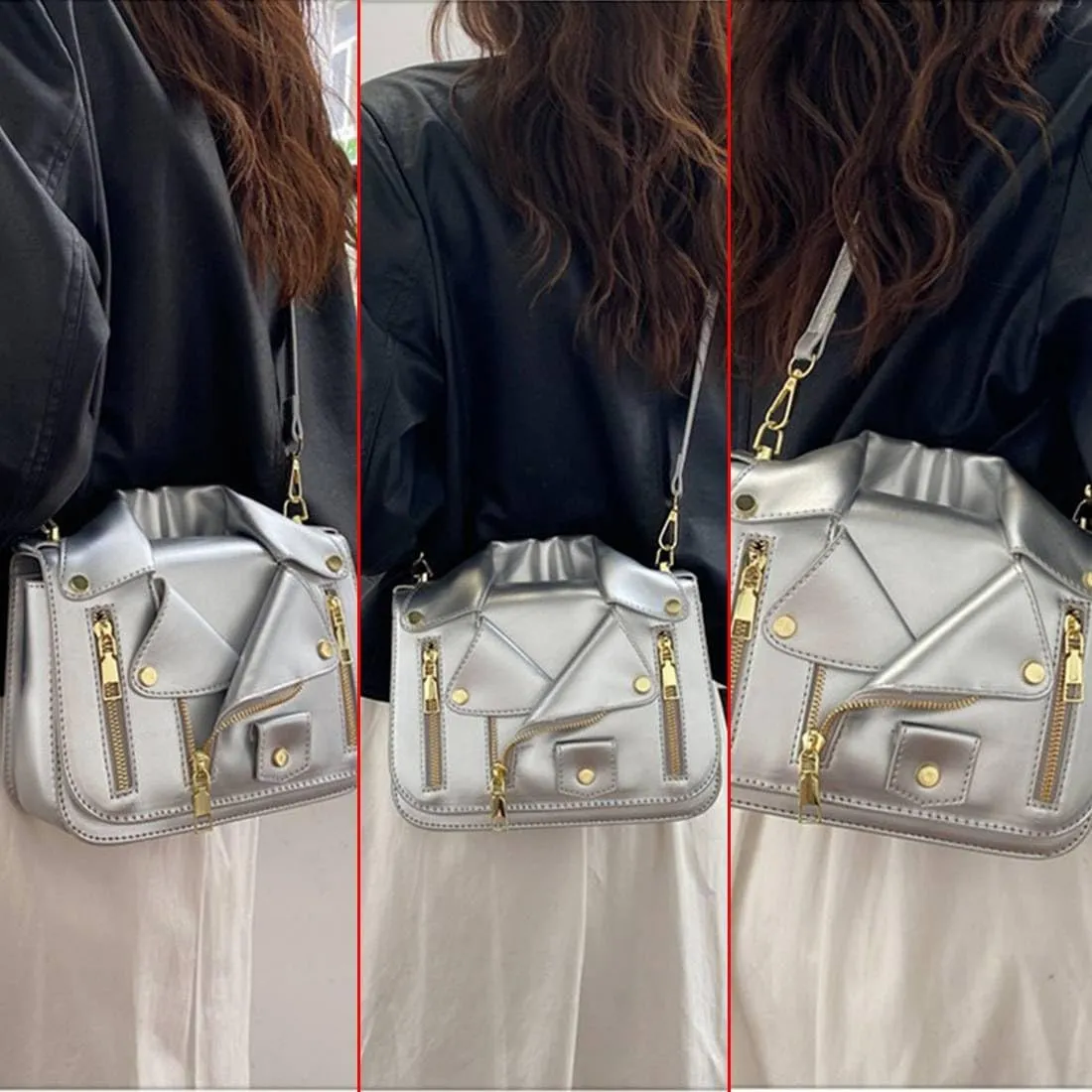 Women PU Leather Motorcycle Jacket Shoulder Bag Punk Style Rivet Handbag Chain Crossbody Bag for Girls