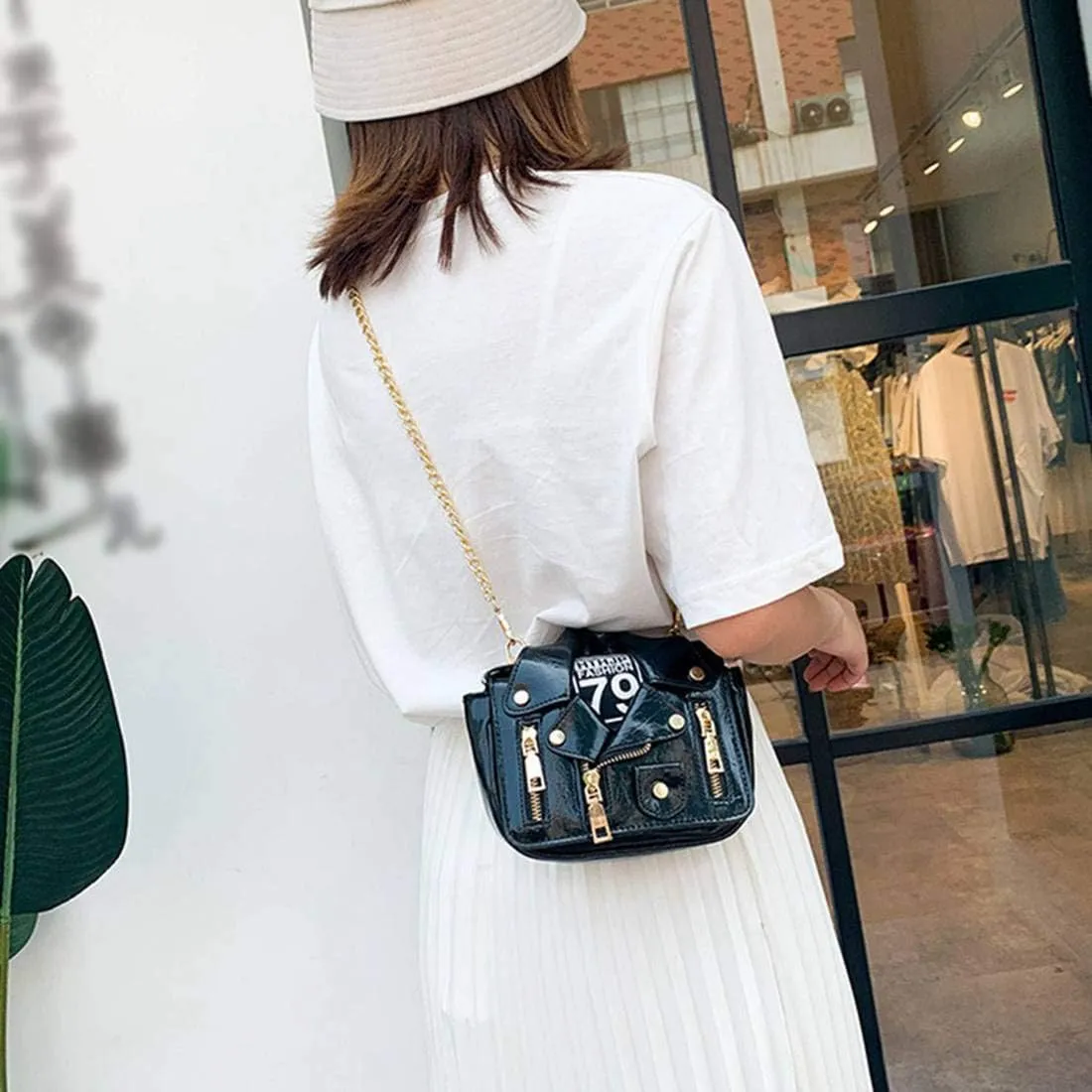 Women PU Leather Motorcycle Jacket Shoulder Bag Punk Style Rivet Handbag Chain Crossbody Bag for Girls