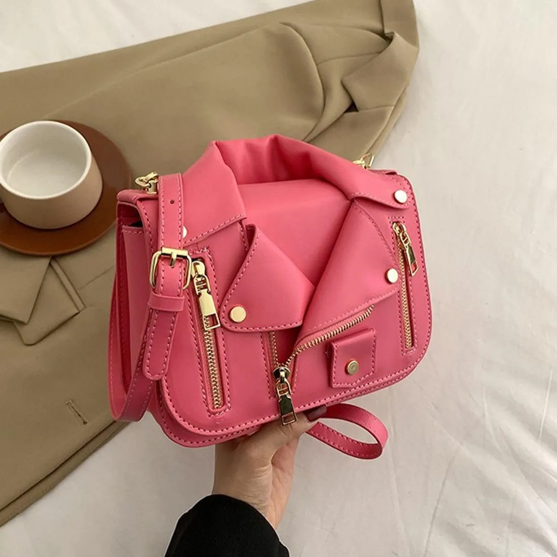 Women PU Leather Motorcycle Jacket Shoulder Bag Punk Style Rivet Handbag Chain Crossbody Bag for Girls
