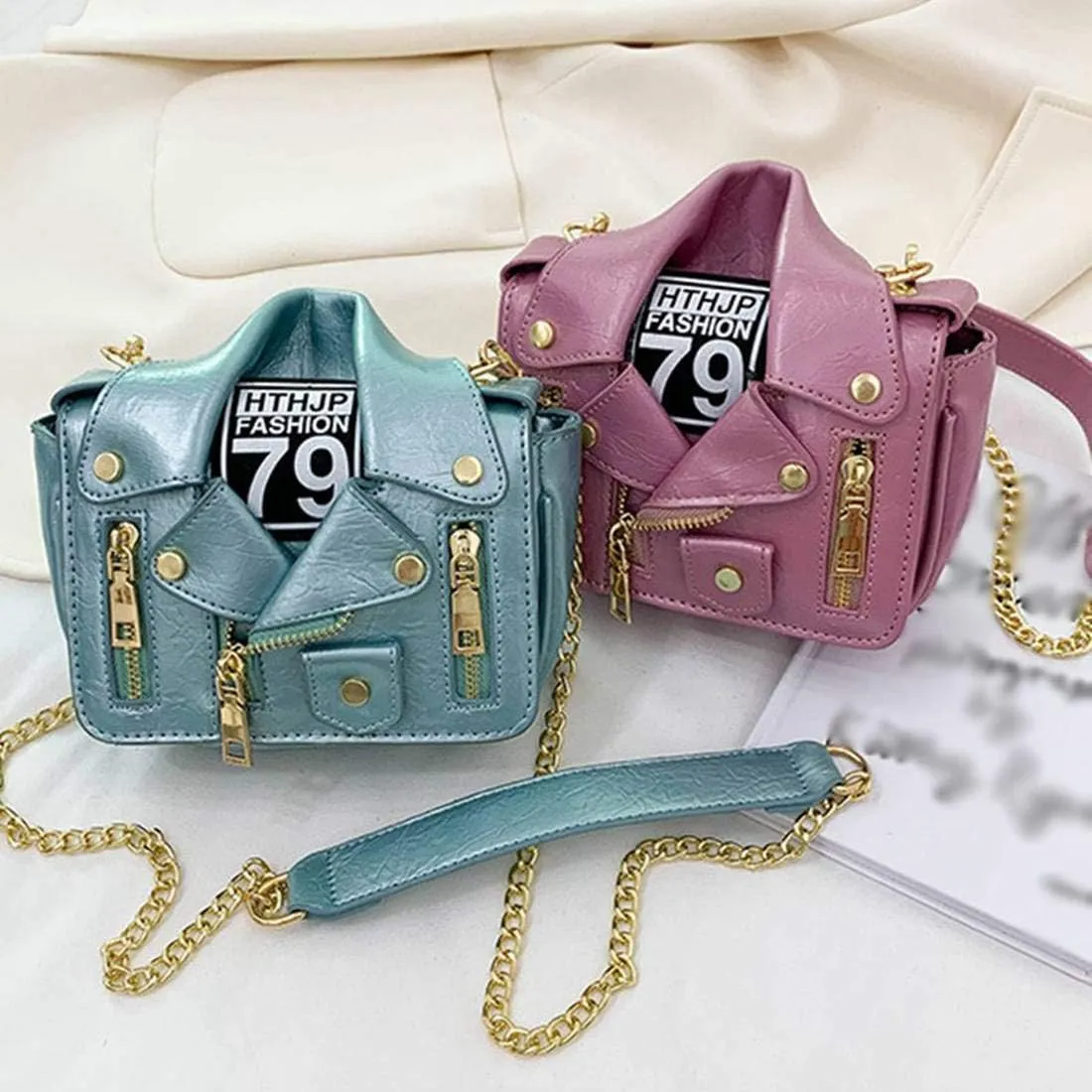 Women PU Leather Motorcycle Jacket Shoulder Bag Punk Style Rivet Handbag Chain Crossbody Bag for Girls