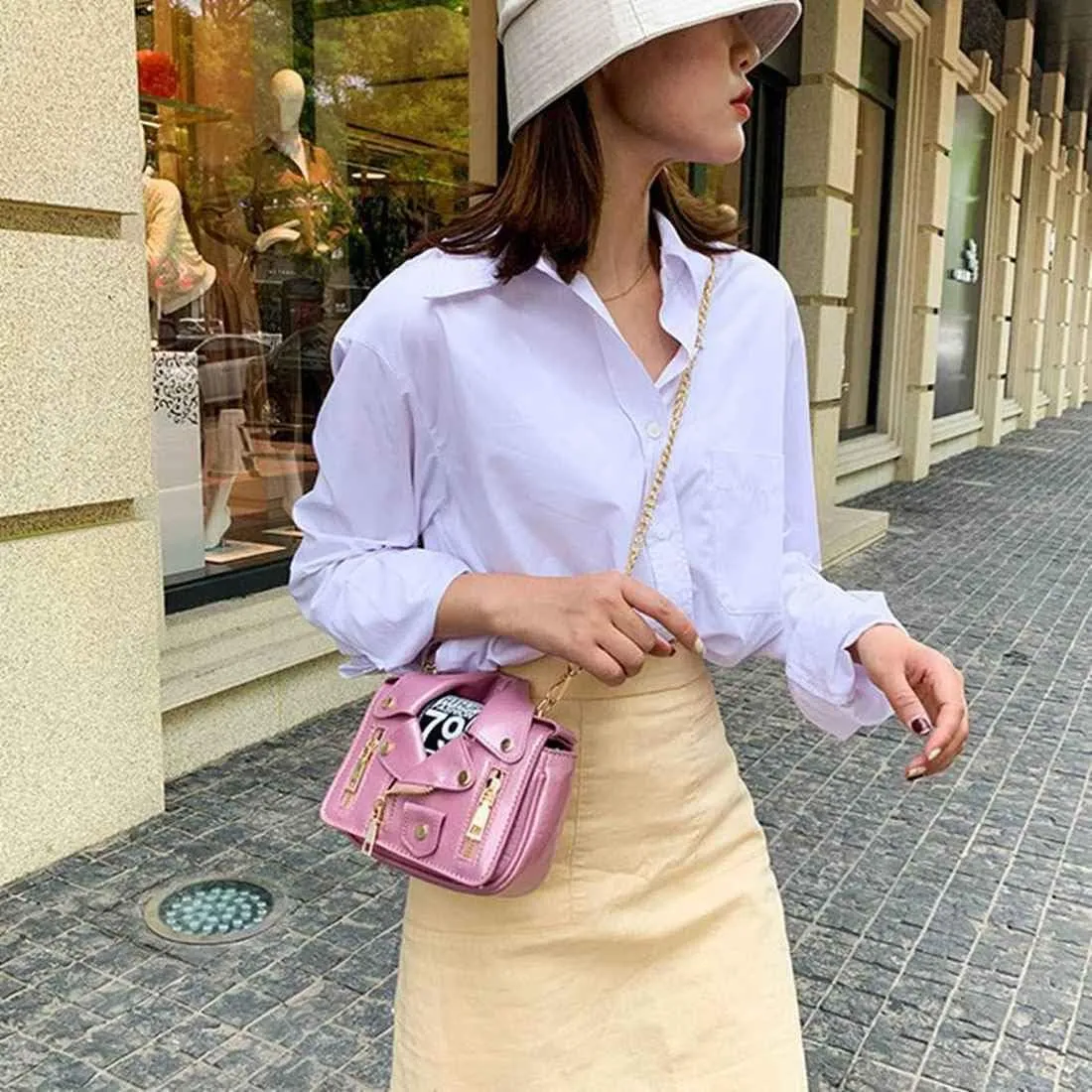 Women PU Leather Motorcycle Jacket Shoulder Bag Punk Style Rivet Handbag Chain Crossbody Bag for Girls