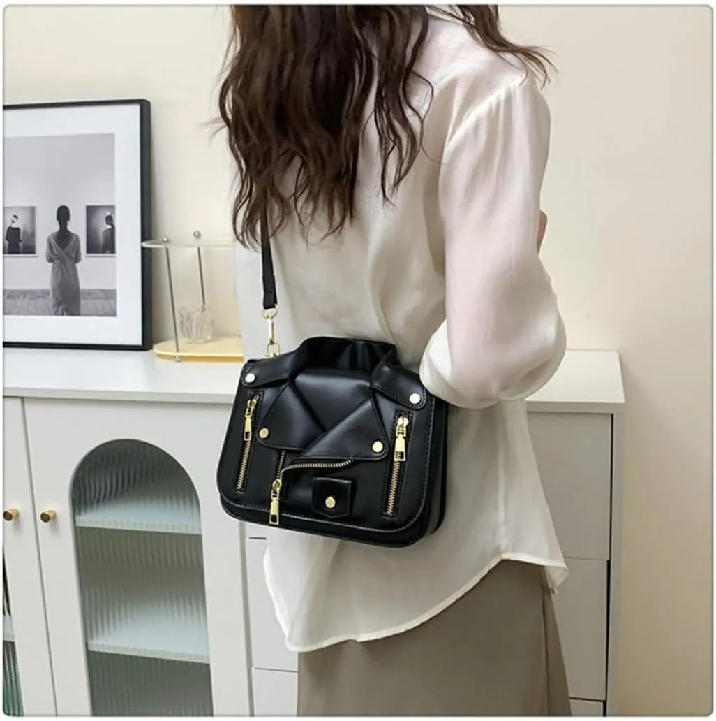 Women PU Leather Motorcycle Jacket Shoulder Bag Punk Style Rivet Handbag Chain Crossbody Bag for Girls