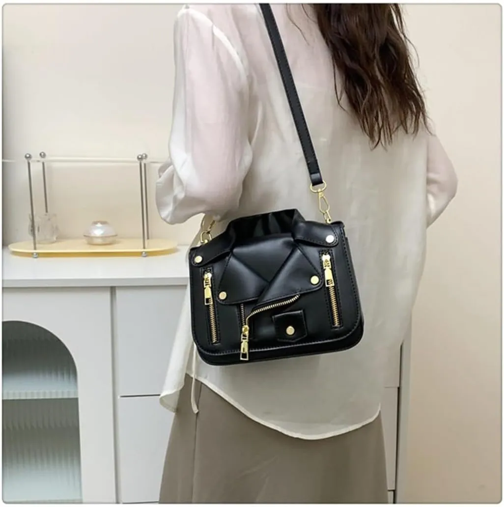 Women PU Leather Motorcycle Jacket Shoulder Bag Punk Style Rivet Handbag Chain Crossbody Bag for Girls