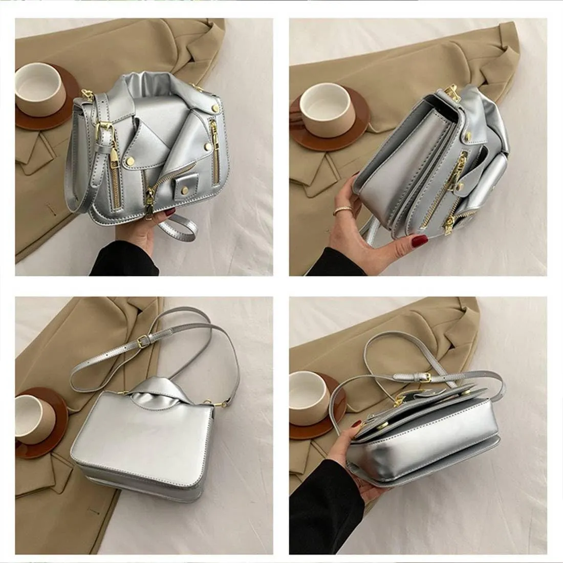 Women PU Leather Motorcycle Jacket Shoulder Bag Punk Style Rivet Handbag Chain Crossbody Bag for Girls