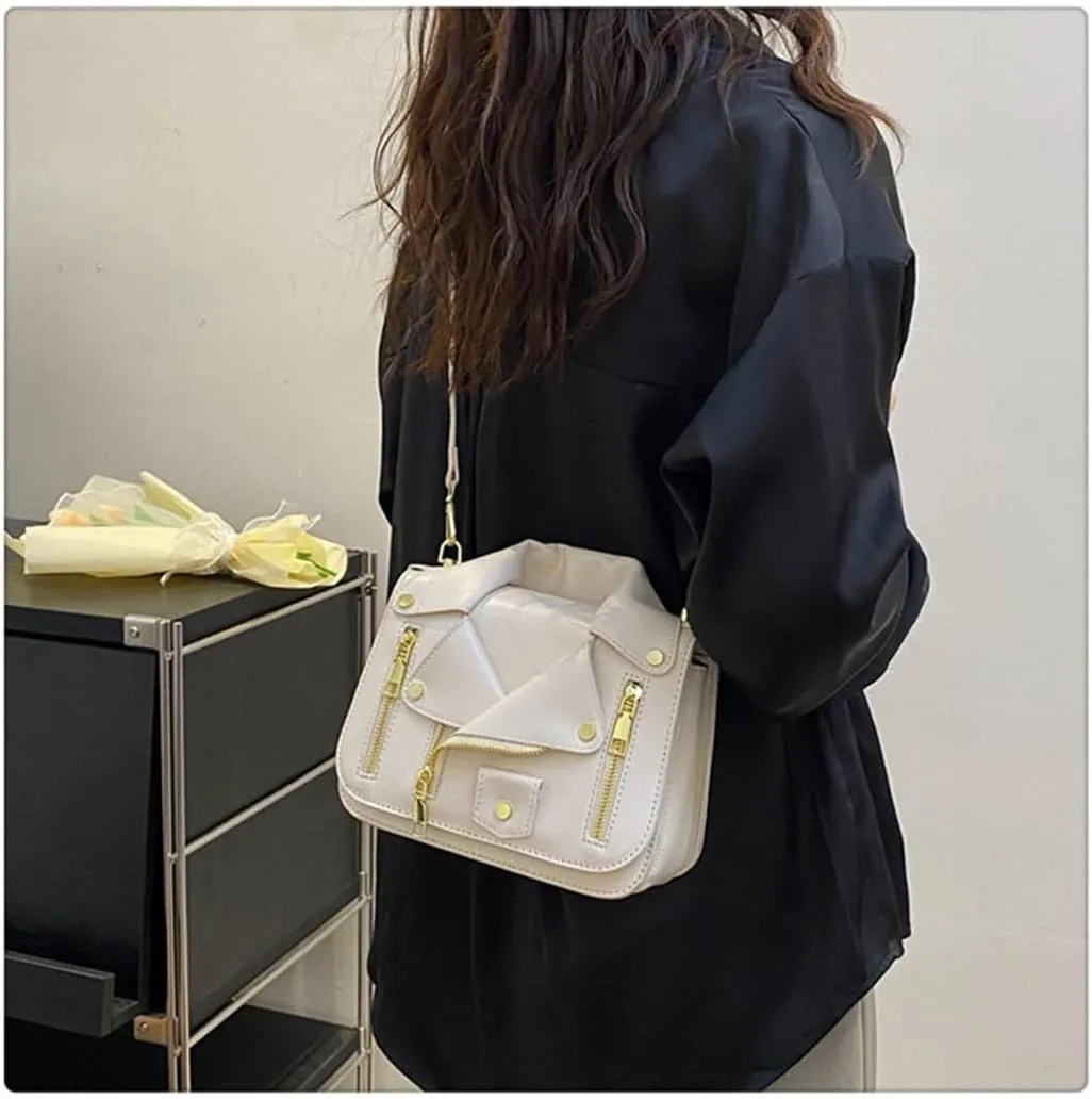 Women PU Leather Motorcycle Jacket Shoulder Bag Punk Style Rivet Handbag Chain Crossbody Bag for Girls