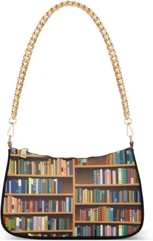 Wooden Bookshelf Shoulder Handbags for Women Travel Hobo Tote Handbag Women Gold Chain Shoulder Bags Purse with Zipper Closure