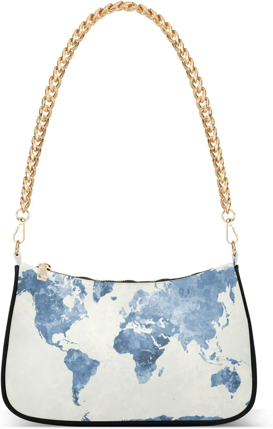 World Map in Watercolor Shoulder Handbags for Women Travel Hobo Tote Handbag Women Gold Chain Shoulder Bags Purse with Zipper Closure
