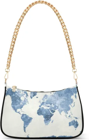 World Map in Watercolor Shoulder Handbags for Women Travel Hobo Tote Handbag Women Gold Chain Shoulder Bags Purse with Zipper Closure