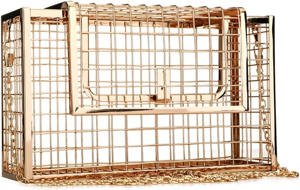 YYW Women Chain Crossbody Bags Iron Cage Metal Hollow Out Cage Evening Clutch