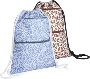 Zodaca Cinch Sack Drawstring Backpack for Beach Trips, Water Resistant Gym Bag with Zippered Front Pockets for Amusement Parks and Yoga (Animal Print) - 2-Pack - 13x17-Inch